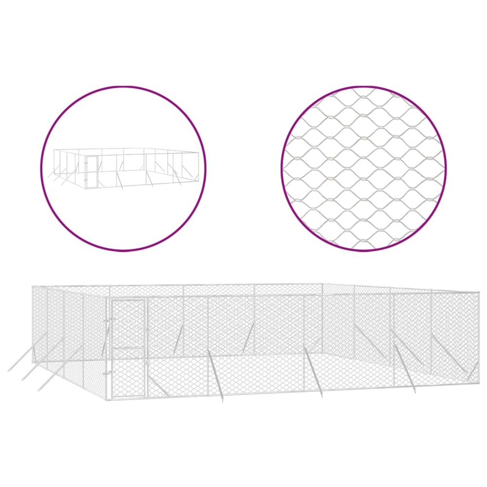 Chenil d'extérieur pour chiens argenté 8x8x2 m acier galvanisé