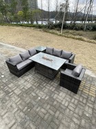 Mobilier de jardin extérieur pe rotin 7 places ave canapé table à manger réglable en hauteur mélange gris foncé