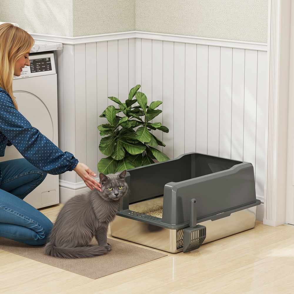 Bac à litière pour chat en acier inoxydable 85l grande capacité maison de toilette semi-fermée, 71 x 50,8 x 35,5 cm gris
