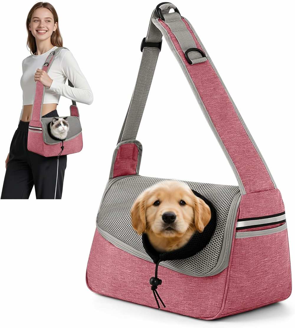 Sac de transport ajustable à bandoulière pour animaux gris rose