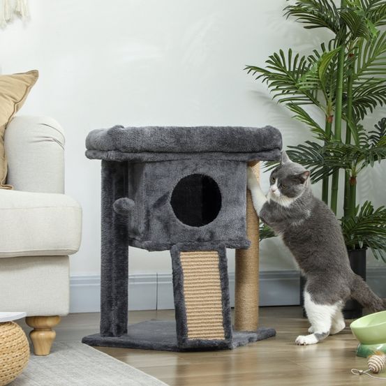 Arbre à chat bois peluche pour chats repos et jeu avec griffoir 40x40x57cm gris foncé
