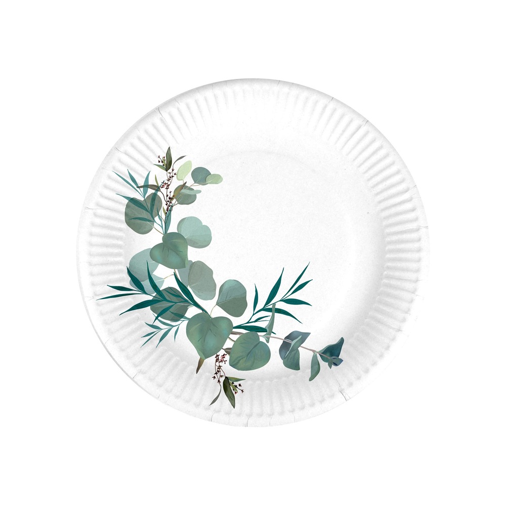 Set de 10 assiettes carton 18 cm branche d'eucalyptus