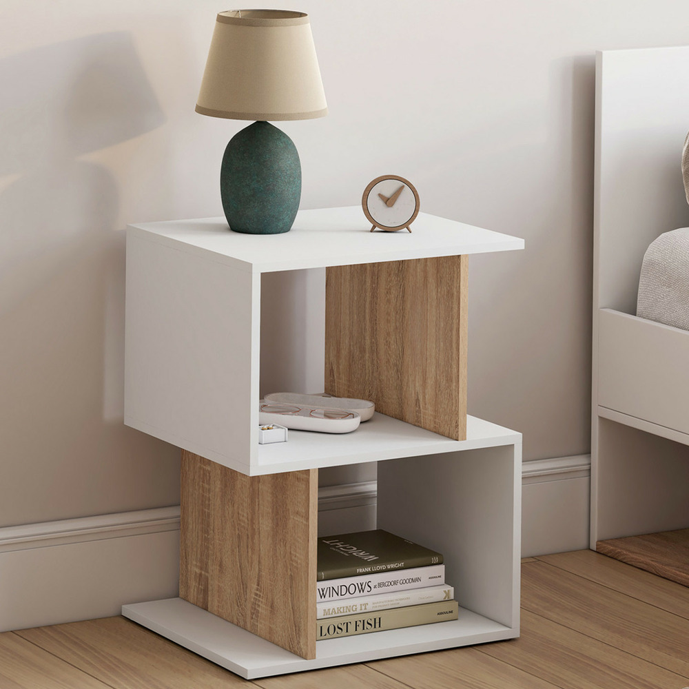 Lot de 2 tables de chevet sofia forme s avec rangements ouverts blanc et effet hêtre