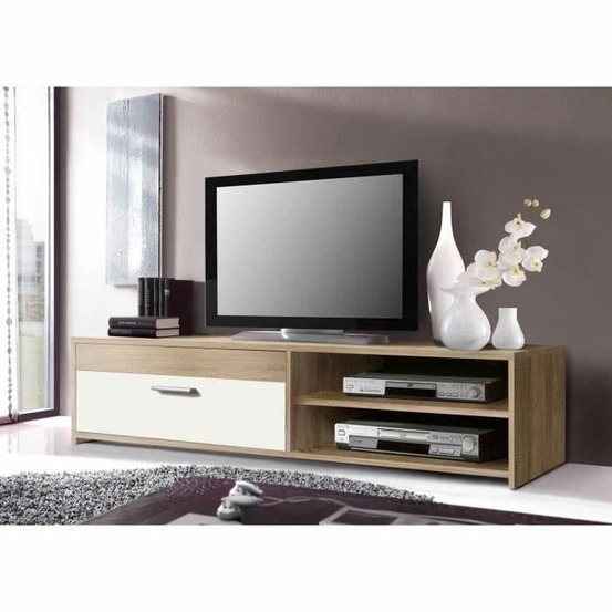 Meuble tv particules mélaminé - chêne et blanc - 1 abattant + 2 niches - 120 x 42 x 32 cm