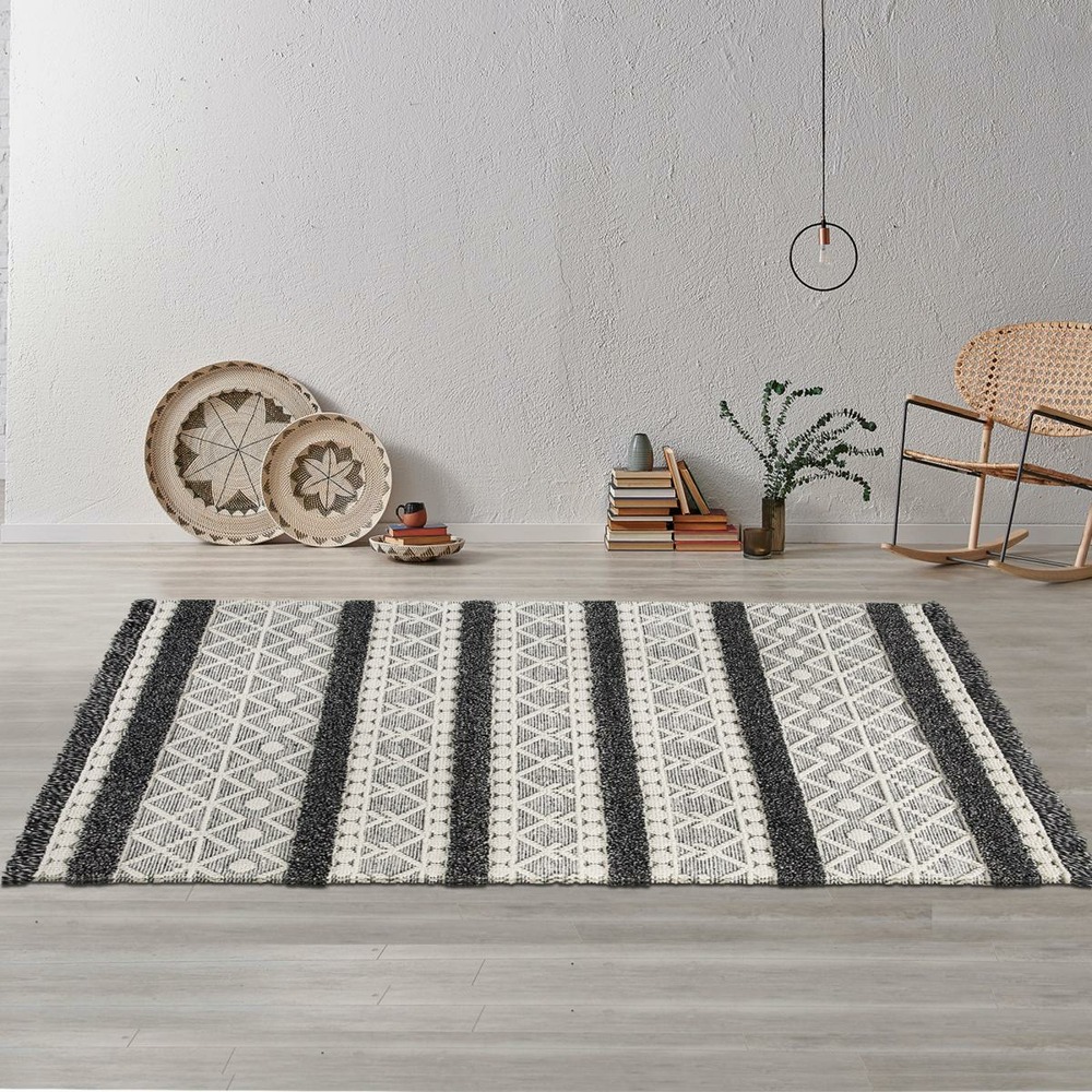 Tapis entrée 130x190 tissé en laine crème rectangle motif ethnique nouka