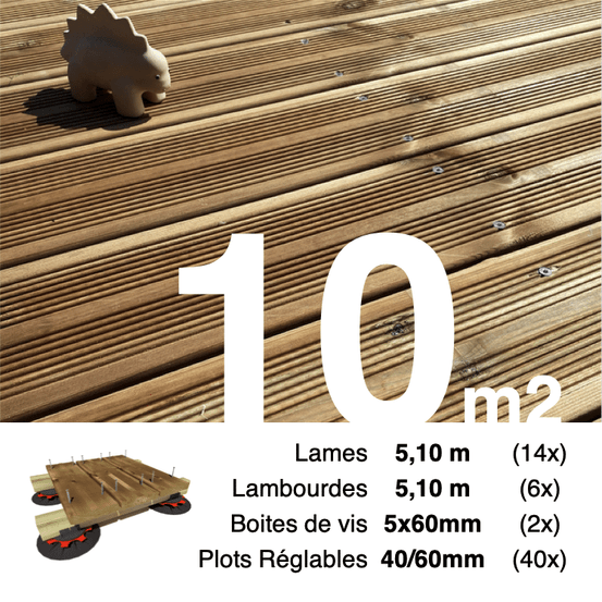 Kit complet terrasse pin autoclave marron pour 10 m², lames 5,1 m, lambourdes 5,1 m, plots réglables et visserie inox.