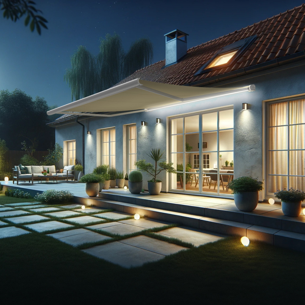 Store banne coffre intégral hevoa 4,05x3,50 m (motorisé secours à télécommande + led - blanc satiné ral9010 - écru)