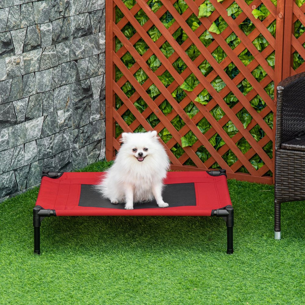 Lit surélevé respirant pour chien en oxford 600d et maille rouge et noir 76 x 61 x 18 cm pour jardin et voyage