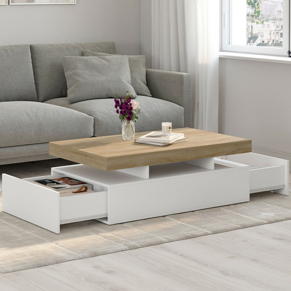 Table basse rectangulaire elsa 100 cm 2 tiroirs en bois blanc et plateau façon hêtre
