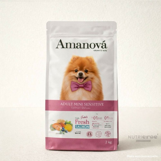 Croquettes chien petite race sans céréales amanova saumon sensible 2 kg