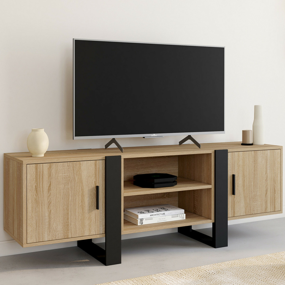 Meuble tv 140 cm phoenix 2 portes bois et noir