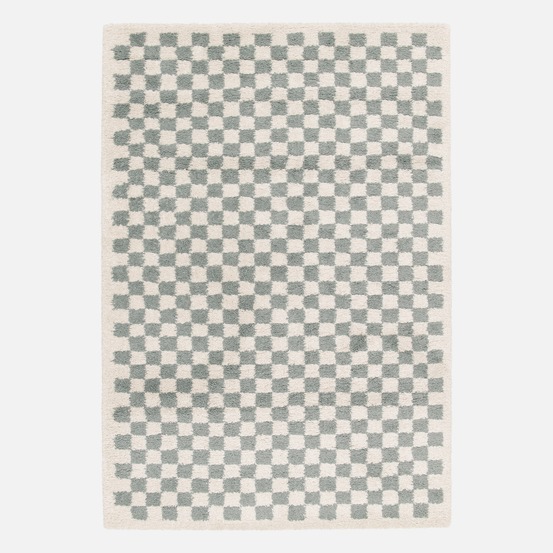 Tapis intérieur shaggy poils longs damier bleu clair et crème