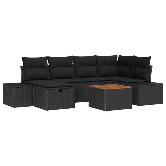 Ensemble de canapé de jardin 7 pièces avec coussins en poly rotin noir