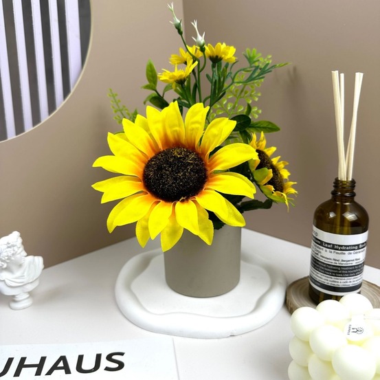 Fleurs artificielles de tournesol de haute qualité avec pot gris - dtopbuyage