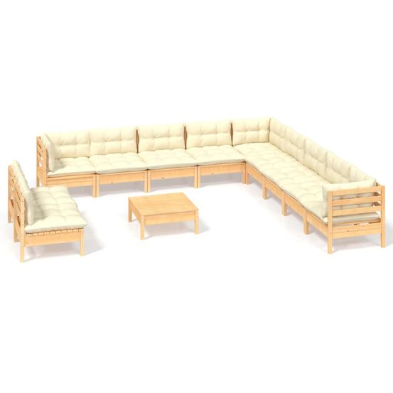 Salon de jardin 12 pcs avec coussins crème bois de pin massif