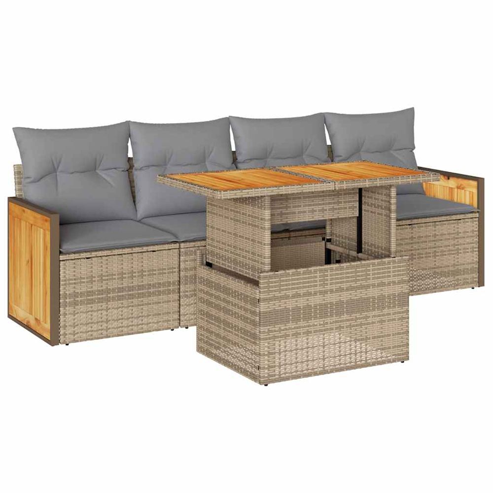Salon de jardin avec coussins 5 pcs beige résine tressée acacia