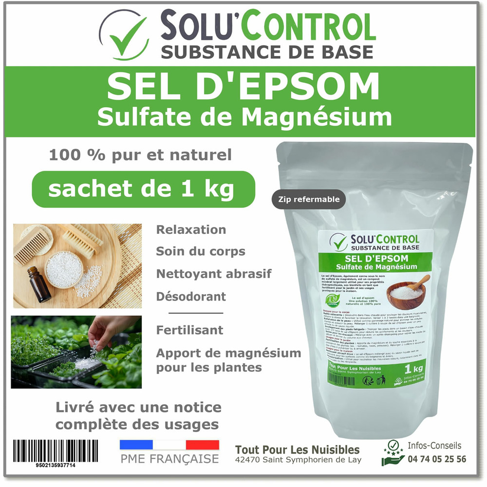 Sel d'epsom 1 kg - solu'control - soin du corps, fertilisation et apport en magnésium pour plantes 100 % naturel