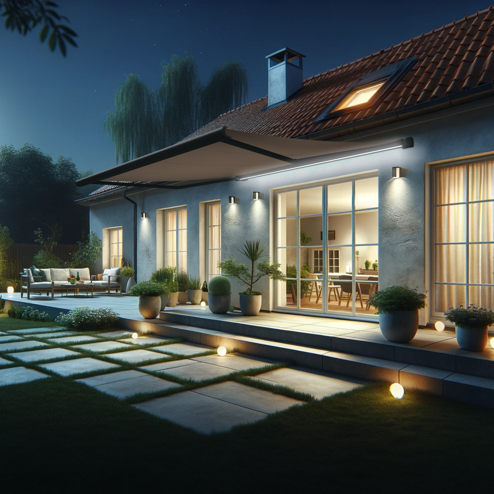 Store banne coffre intégral hevoa 4,05x3,50 m (motorisé secours à télécommande + led - gris anthracite stucturé ral7016st - taupe)