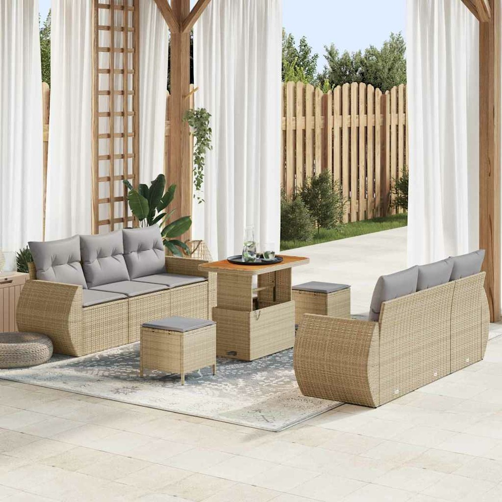 Ensemble de canapé de jardin avec coussin 9 pcs beige polyrotin
