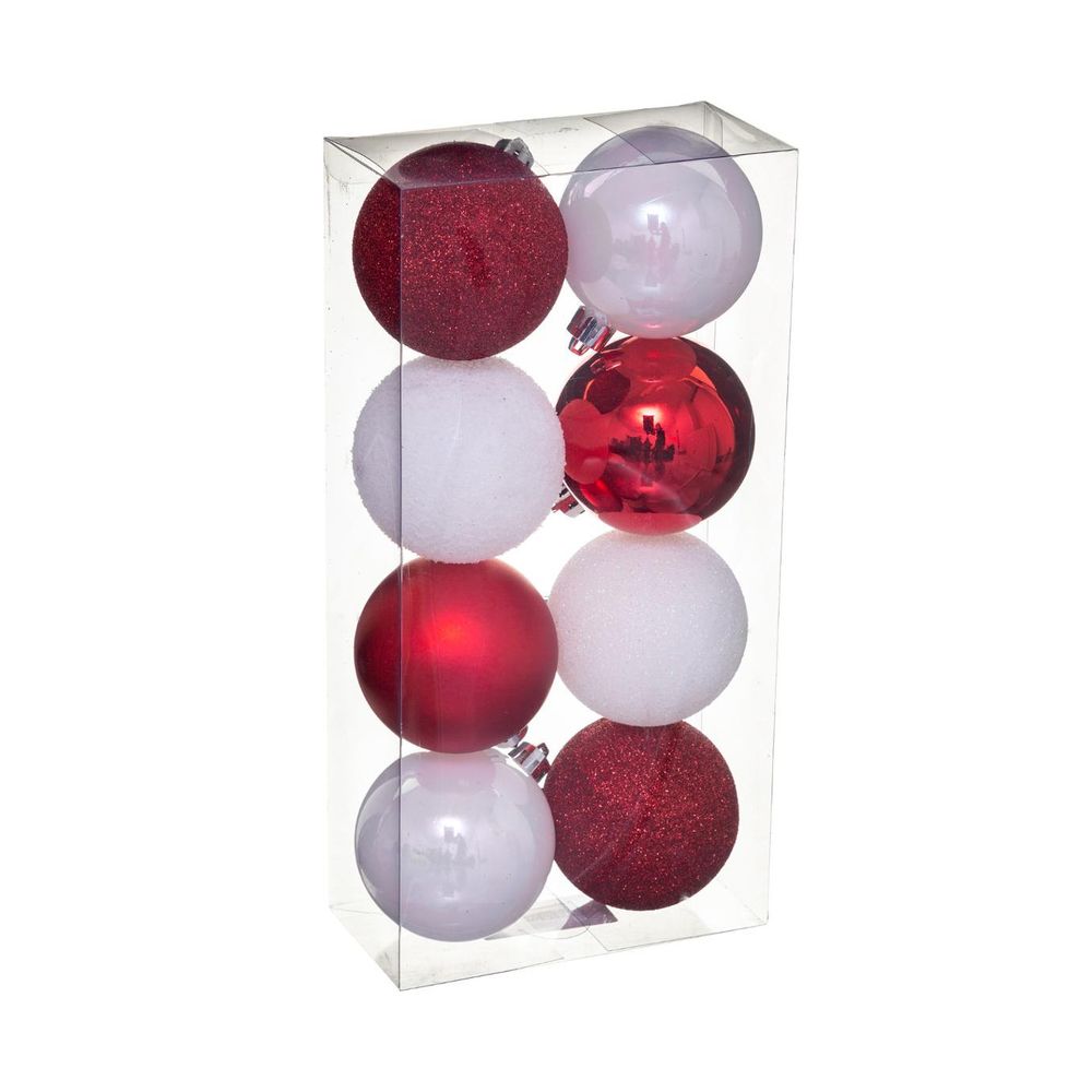 Déco de sapin lot de 8 boules de noël d 7 cm - blanc et rouge