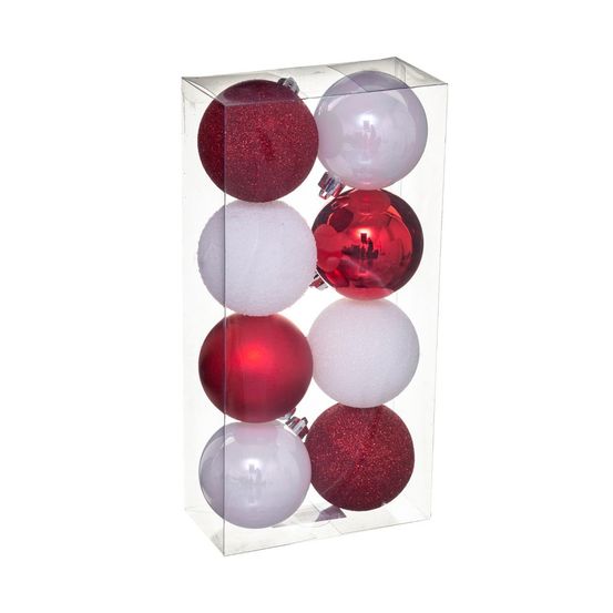 Déco de sapin lot de 8 boules de noël d 7 cm - blanc et rouge