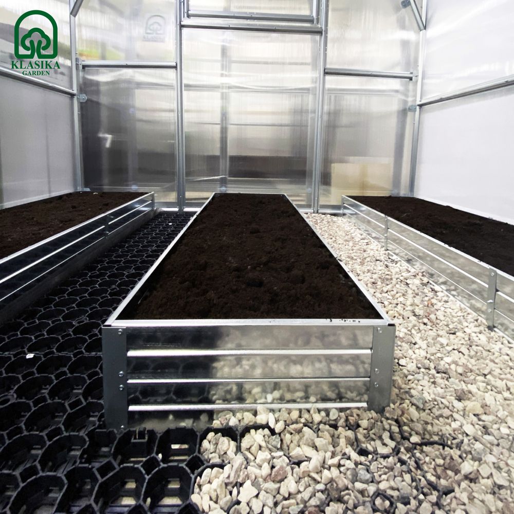 Kit de carrés potagers pour serre de 2,35 à 2,5 m de large, longueur 10 m – 29 bacs en acier galvanisé, 20 cm