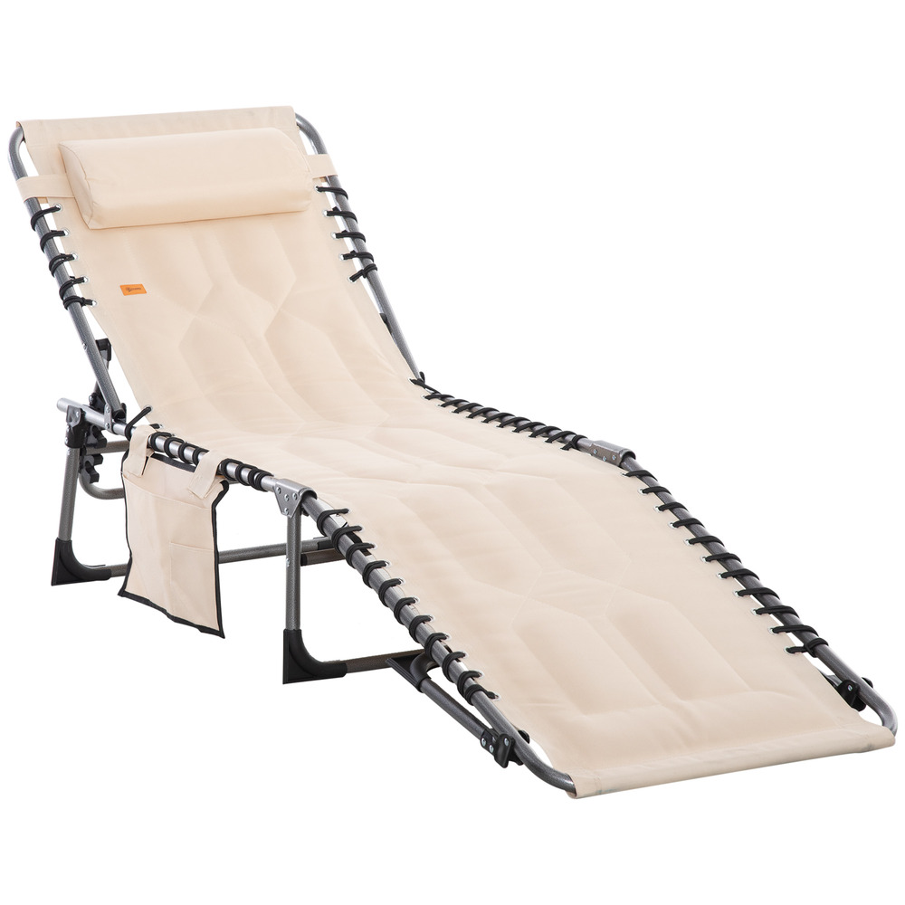 Transat pliable avec appui-tête et poche latérale, dossier réglable 5 positions, pour le jardin et la plage, beige