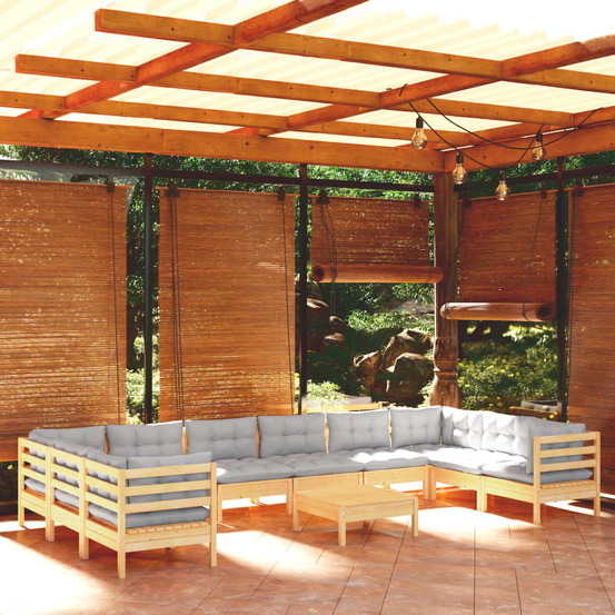Salon de jardin 11 pcs avec coussins gris bois de pin