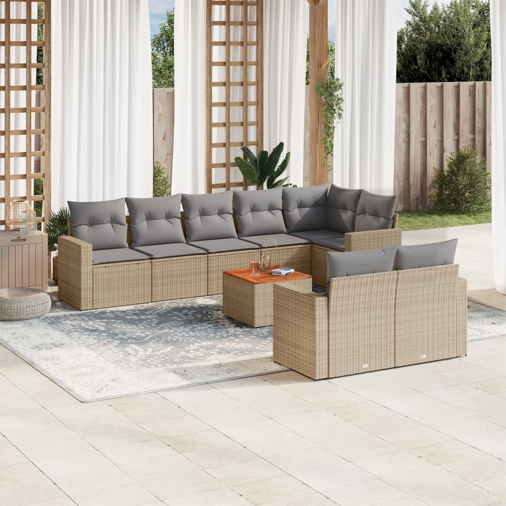 Salon de jardin avec coussins 9 pcs beige résine tressée