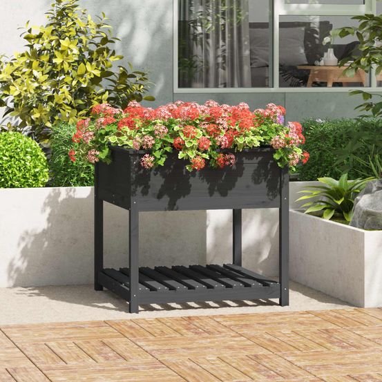 Grand carré potager sur pieds bois avec étagère gris 82,5cm