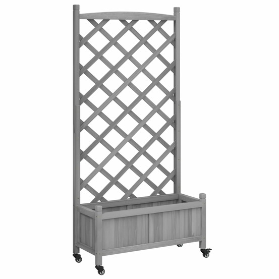 Jardinière avec treillis et roues gris bois massif de sapin