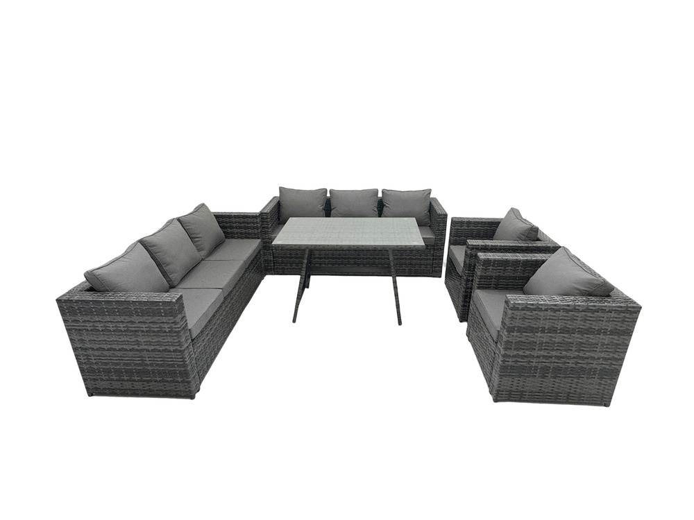 8 places salon de jardin extérieur en résine avec table à manger fauteuil avec verre trempé