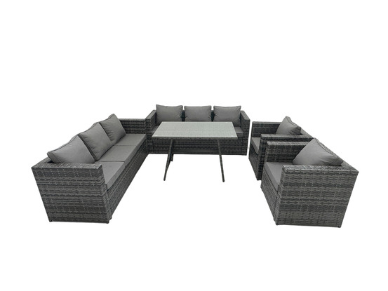 8 places salon de jardin extérieur en résine avec table à manger fauteuil avec verre trempé