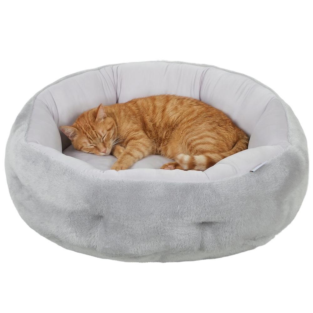 Lit rond chat réversible peluche coton pp rebord maintien chaud froid 62cm gris clair