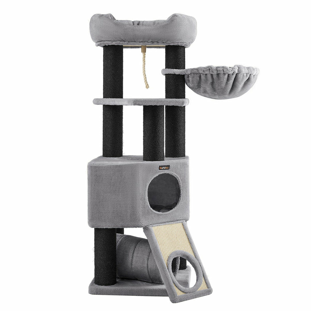 Arbre à chat 50 x 50 x 141 cm avec plate-forme d'observation hamac grande grotte tunnel troncs épais en sisal noir stable con
