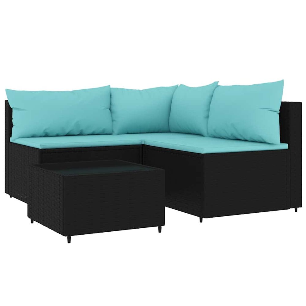 Salon de jardin 4 pcs avec coussins noir résine tressée