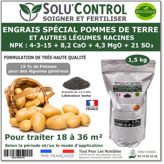 SOLU'CONTROL - 1,5 kg Engrais Spécial Pommes de Terre, légumes racines 4-3-15 - enrichi en potasse - croissance, grossissement- UAB