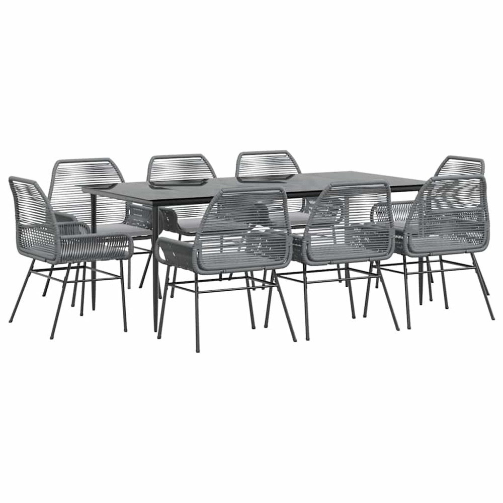Ensemble à manger jardin coussins 9 pcs gris poly rotin verre