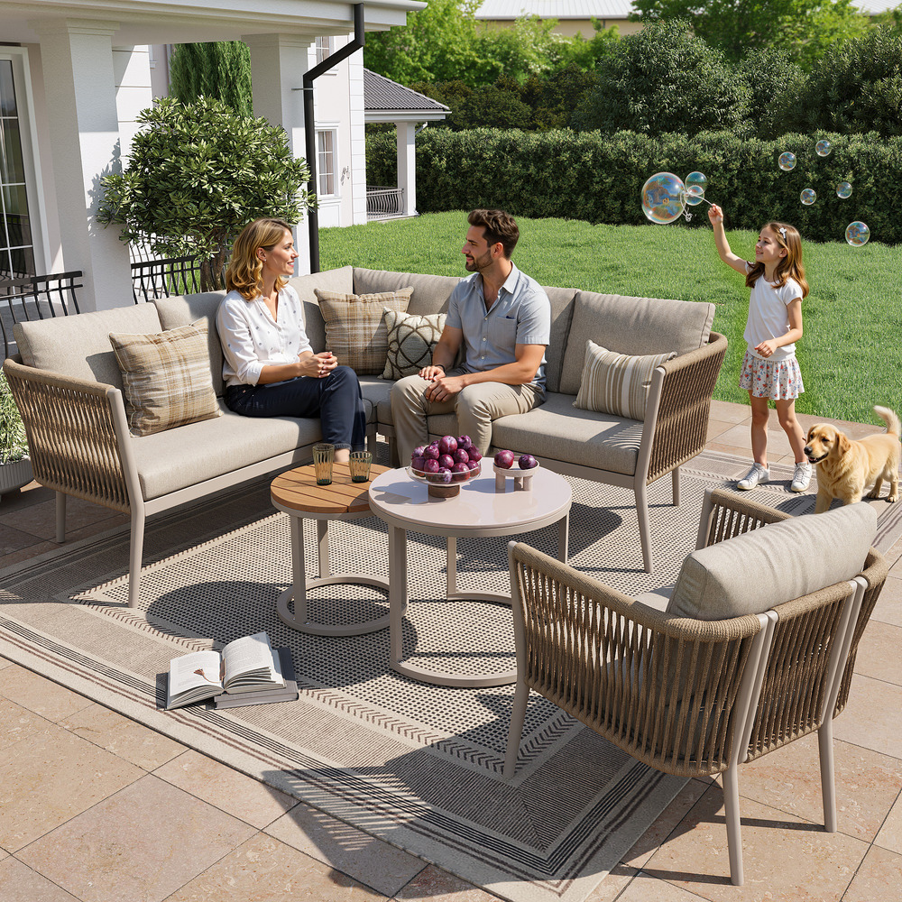 Salon de jardin 5-6 personnes, 6 pièces, canapé d'angle modulable en corde, avec coussins, pour terrasse ou balcon, beige