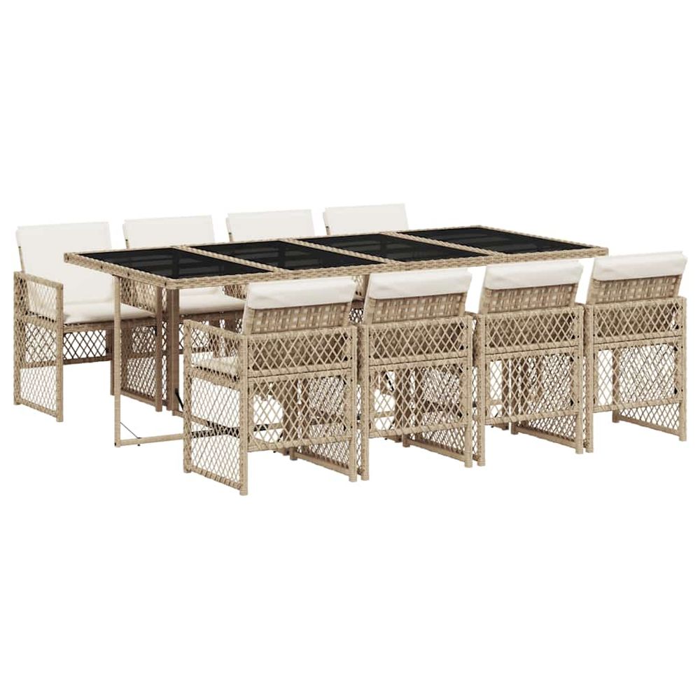 Ensemble à manger de jardin et coussins 9 pcs beige poly rotin