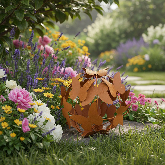 Sphère décorative envol de papillons rouille 29x29cm