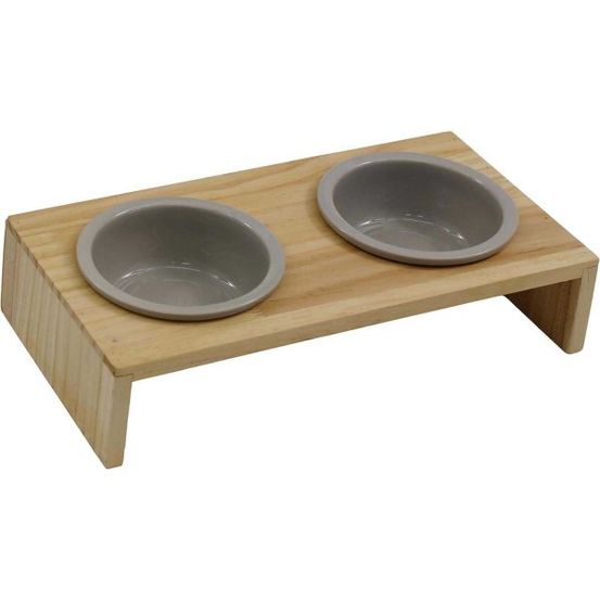 Gamelle double avec support en pin taupe