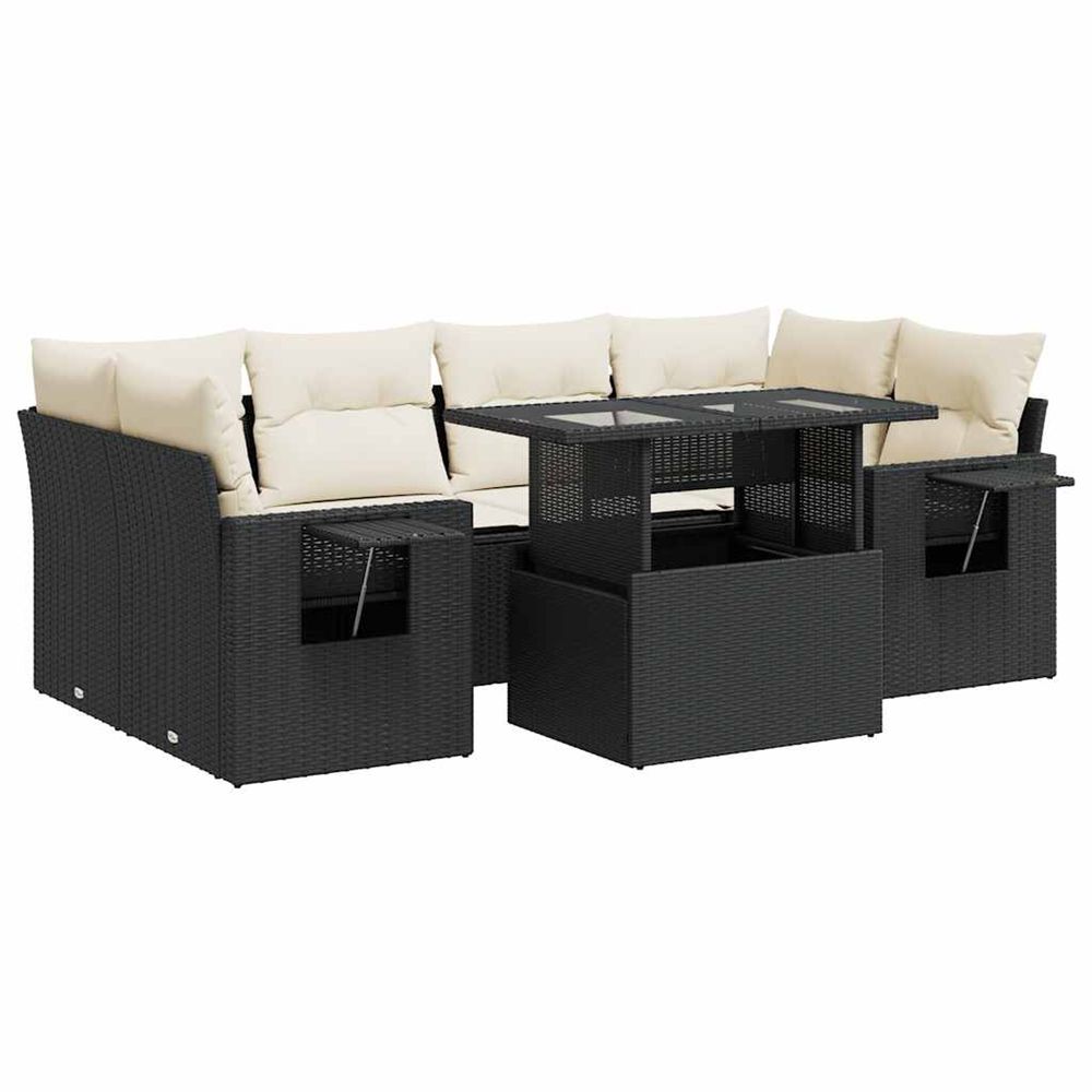 Salon de jardin 7 pcs avec coussins noir résine tressée