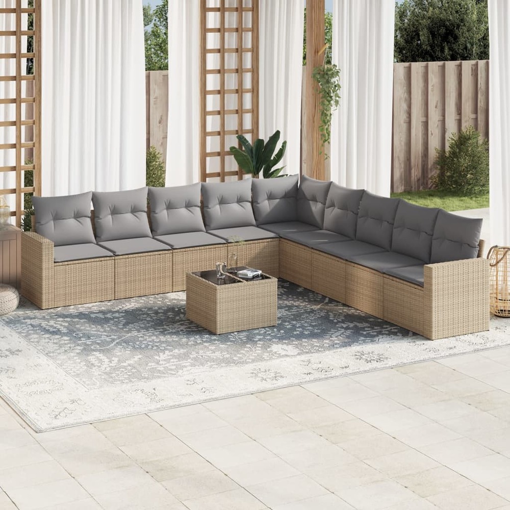 Salon de jardin avec coussins 10 pcs beige résine tressée