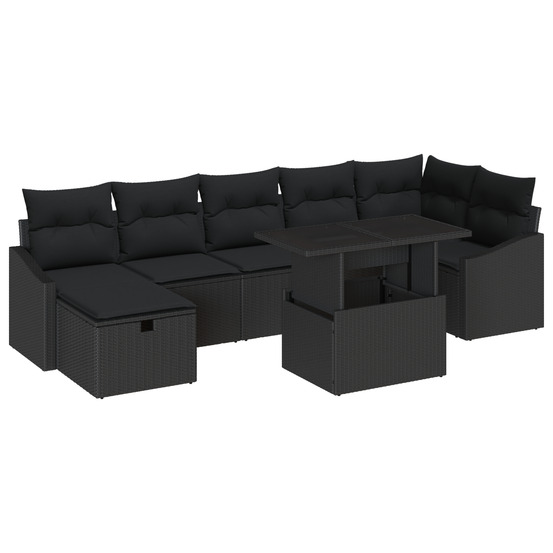 Ensemble de canapé de jardin 8 pièces avec coussins noir poly rattan