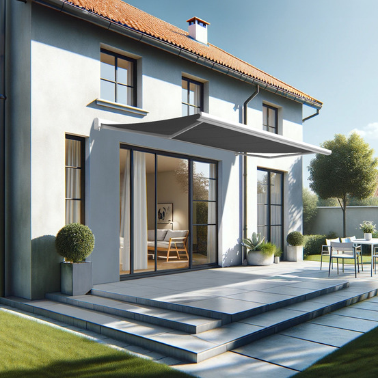 Store banne coffre intégral celeste 5,00x3,00 m (motorisé secours à télécommande - blanc satiné ral9010 - gris graphite)