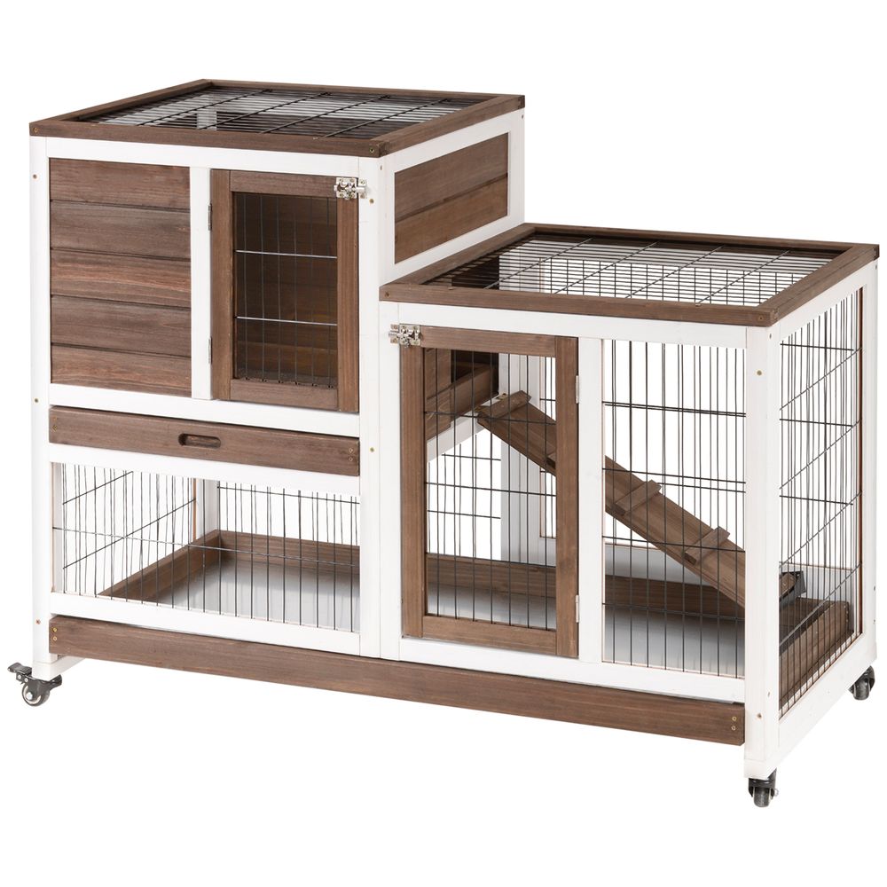 Clapier lapin intérieur bois marron roulettes bacs amovibles rampe 110x50x88cm