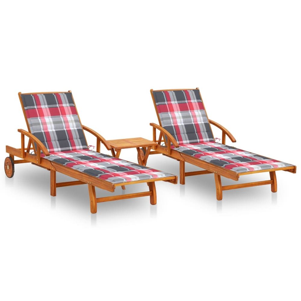 Chaises longues lot de 2 avec table et coussins acacia solide