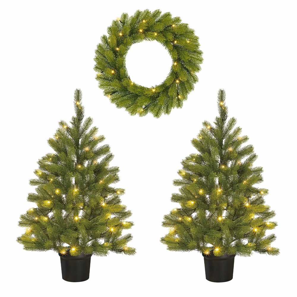 Black box trees nagoya coffret sapin de noël et couronne - 2 sapins de noël artificiels en 1 couronne avec éclairage led - vert