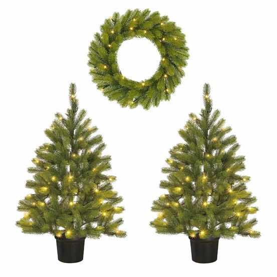 Black box trees nagoya coffret sapin de noël et couronne - 2 sapins de noël artificiels en 1 couronne avec éclairage led - vert